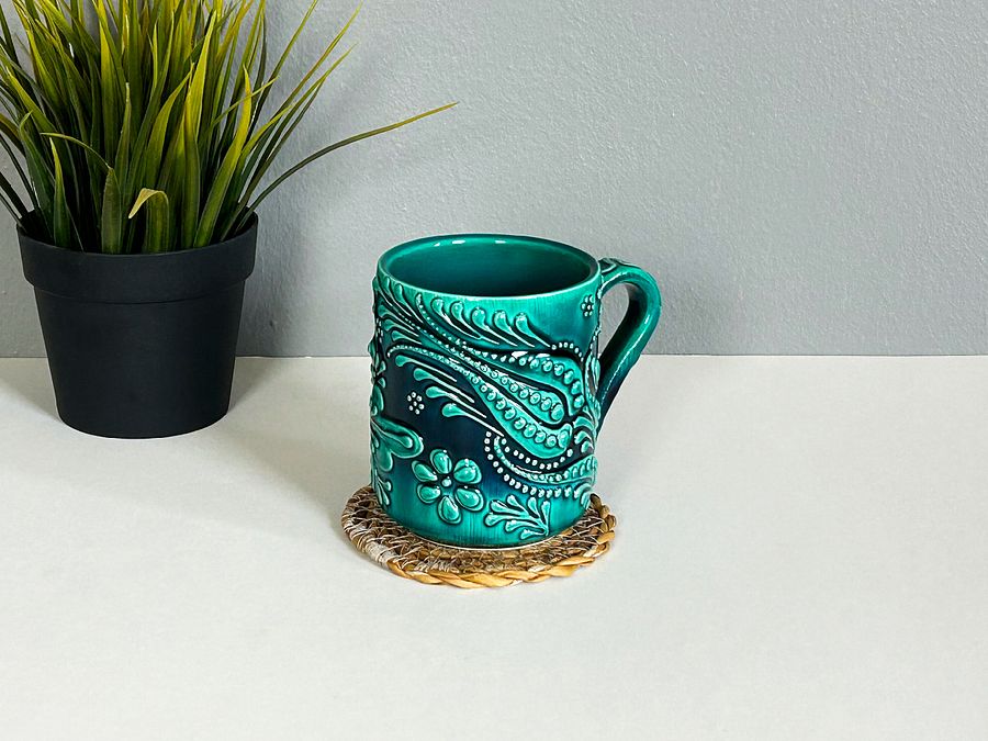 Ceramic handmade coffee mug, turquoise/green/emerald cup — handmade pottery, handmade ceramic, home decor, handmade gift, Turkish ceramic product image (4)