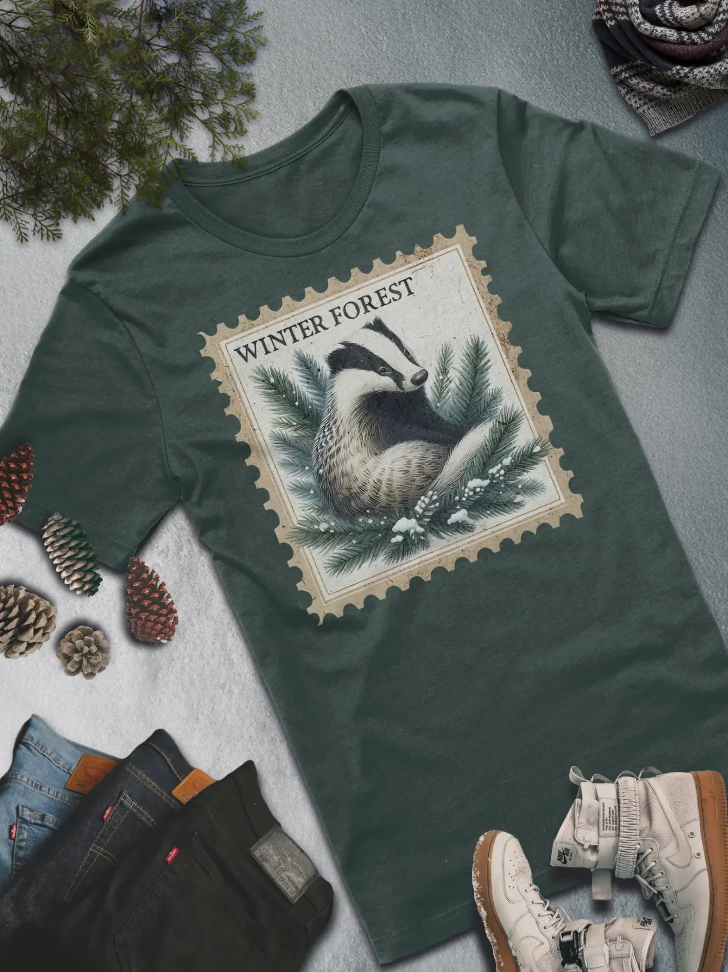 Winter Forest Badger T-Shirt – Nature-Inspired Winter Fashion product image (3)