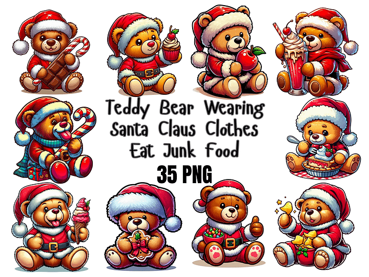 Teddy Bear Wearing Santa Claus Clothes Eat Junk Food PNG, Cute  Christmas Clipart, PNG Download, Christmas PNG Bundle product image (1)