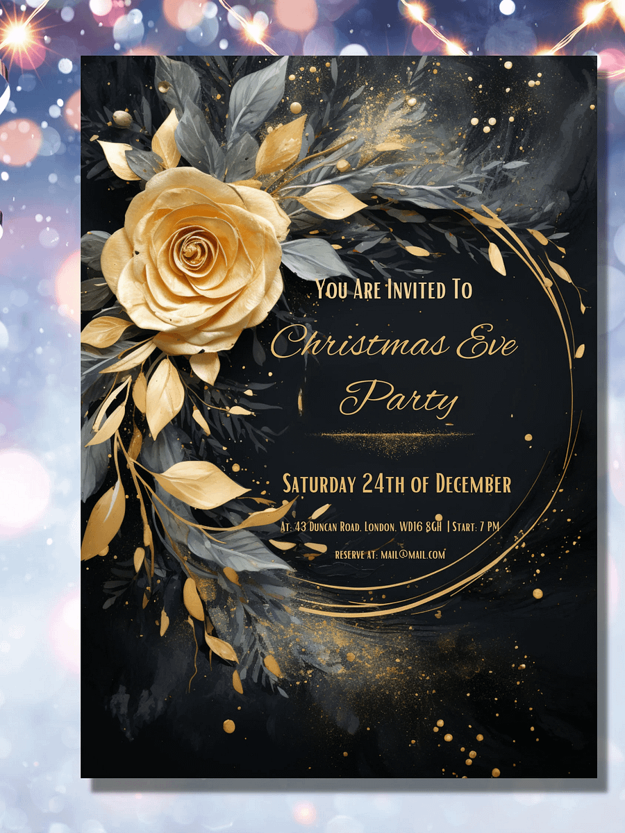 3D Gold Rose Christmas Eve Party Invitation | Editable in Canva | Christmas Party Printable | Holiday Invitation Template | Link to Canva product image (6)