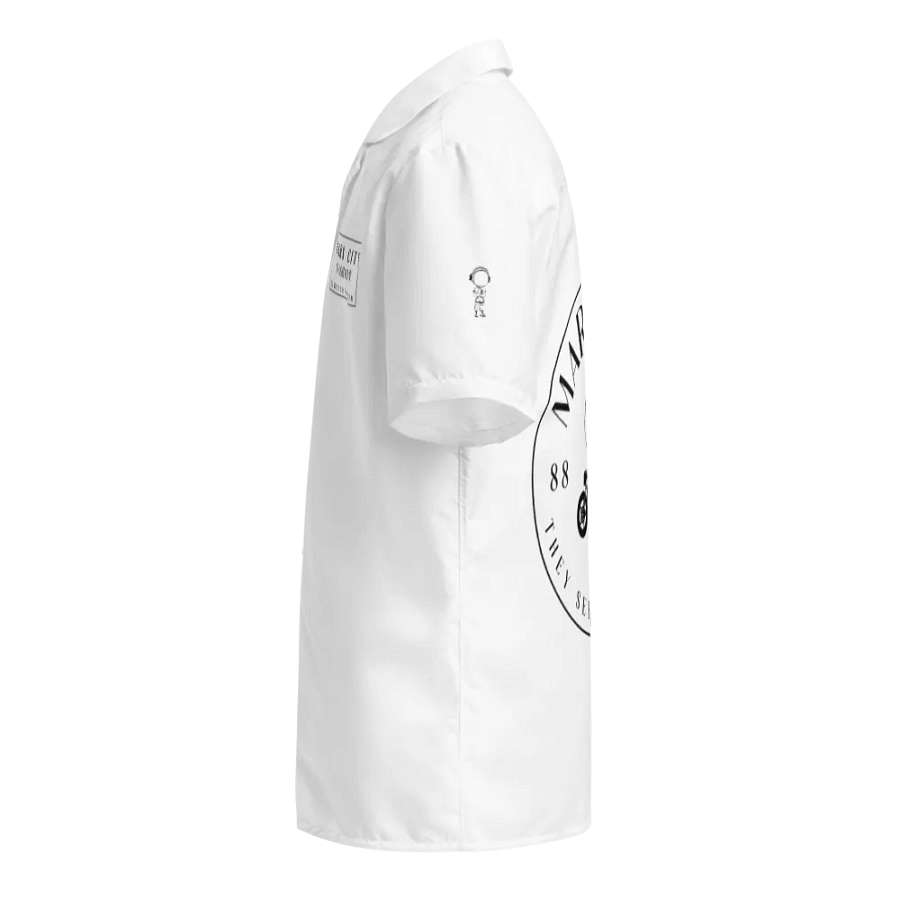 MARS CITY FASHION LIMITED ALL WHITE CUBAN CAMP COLLAR STYLE SHIRT WITH MARS CITY MOTORCYLE LOGO ON BACK product image (6)