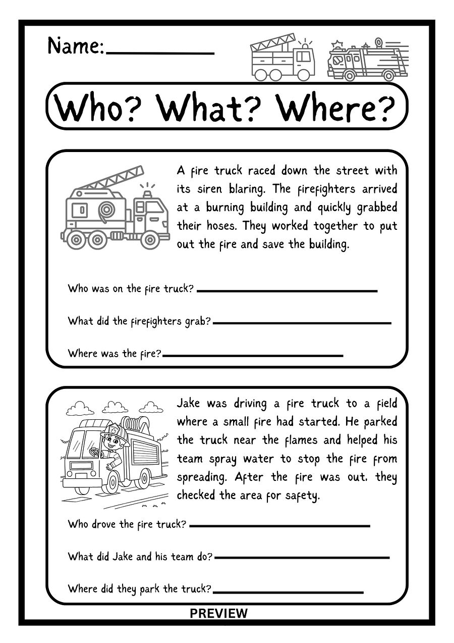 WHO? WHAT? WHERE? Truck Fire -THEMED WORKSHEET product image (1)