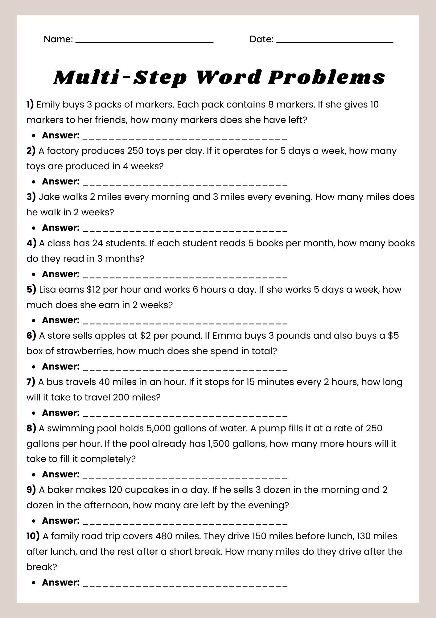 Multi-Step Word Problems Worksheet - Printable PDF product image (1)