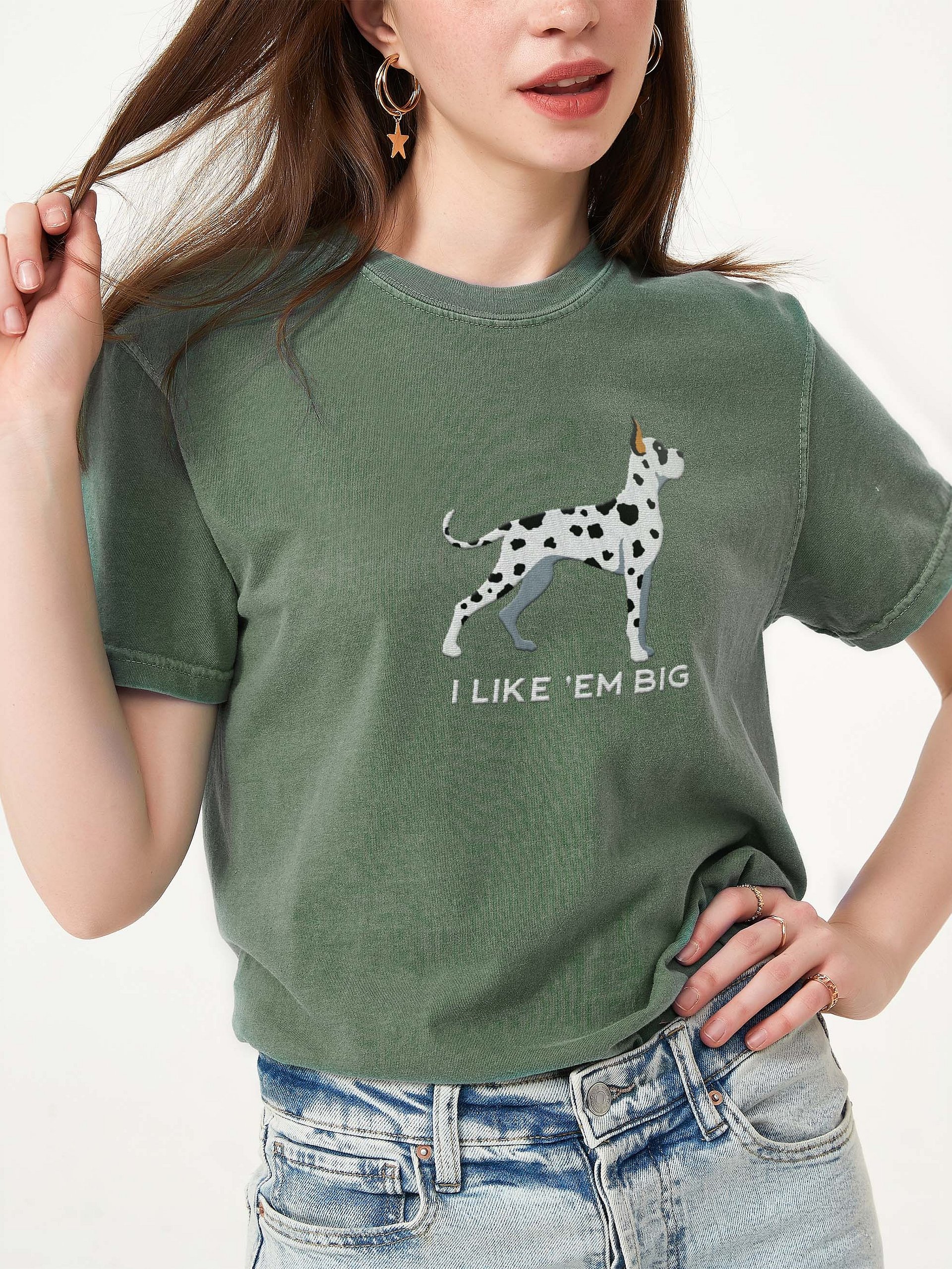 I Like 'Em Big T-Shirt(Embroidered) of a Great Dane(Harlequin, Cropped Ears) product image (2)