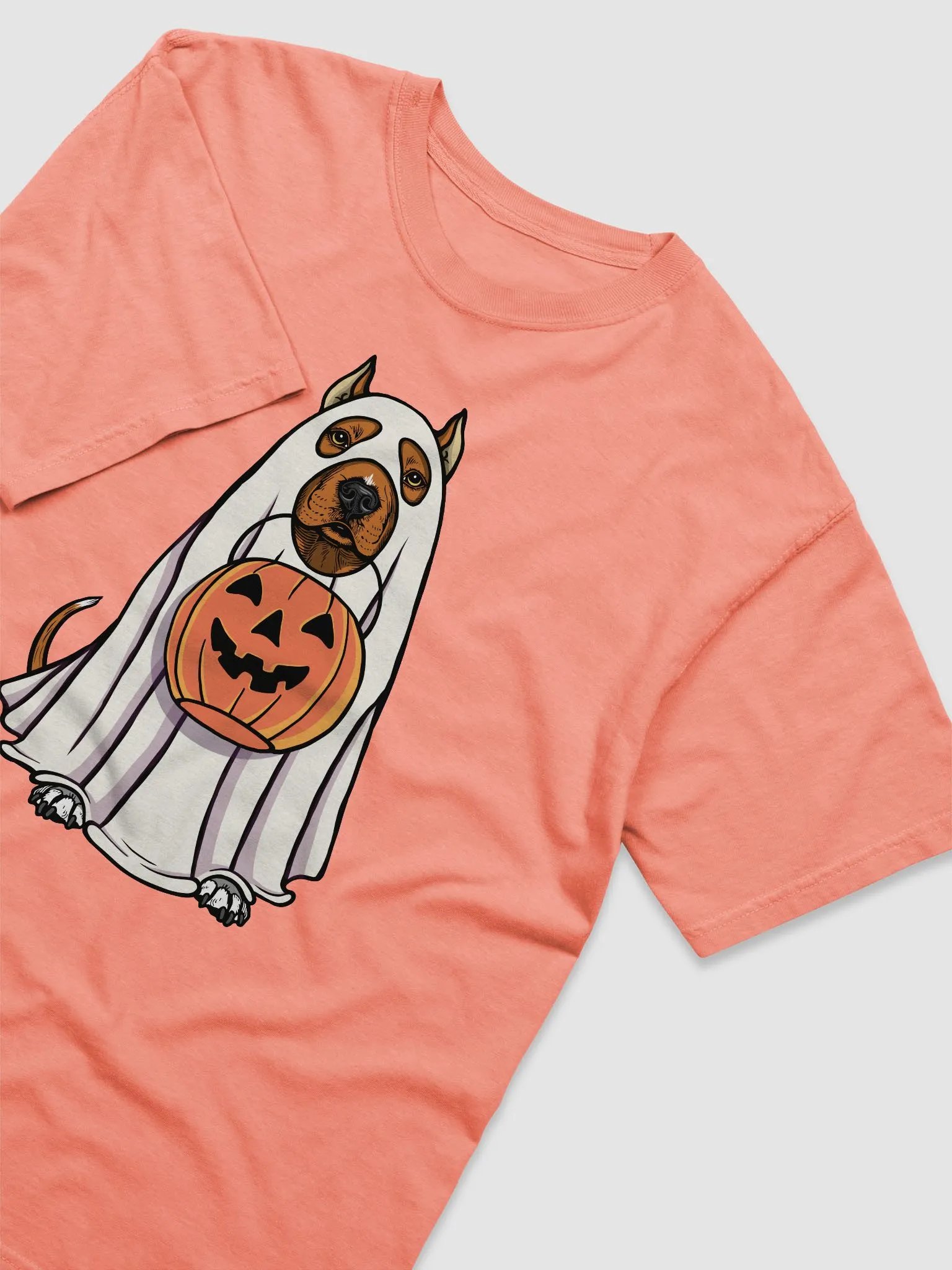 Funny Halloween Pitbull Terrier(Cropped Ears, Red) T-Shirt | Funny Pittie Wearing a Ghost Costume and Holding a Pumpkin Basket product image (24)