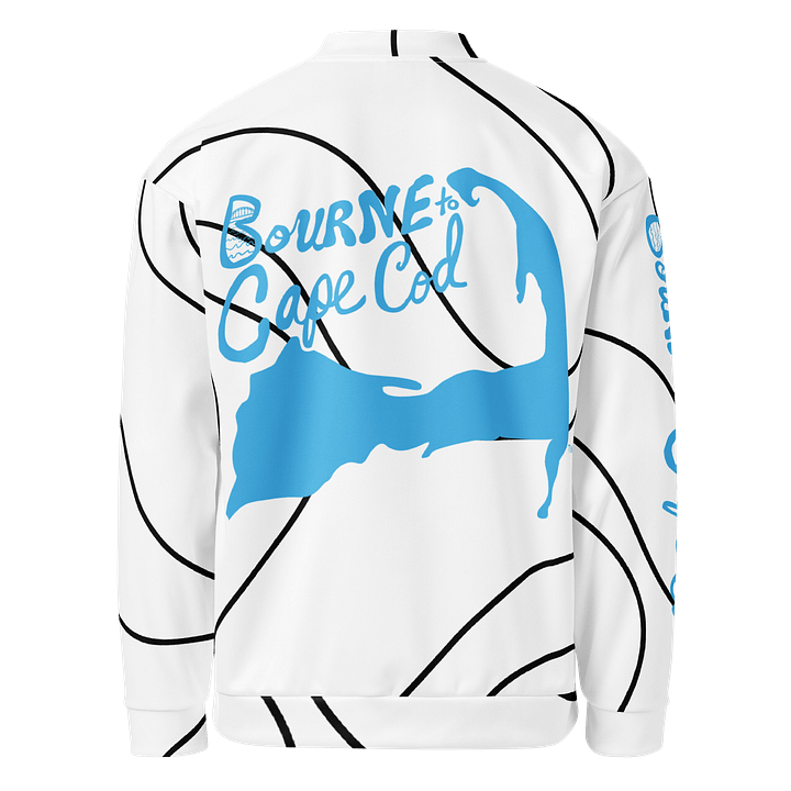 All-Over Print Bomber Jacket | Coastal Cool, City Bold | BOURNE to Cape Cod™ + BRN.2C.C.™ Style | Deep Sky Blue Logos on Tide Currents product image (2)