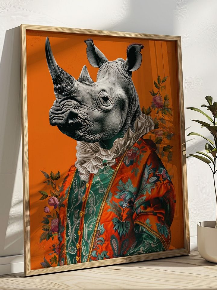 Rococo Rhino Portrait Burnt Orange Animal Fashion Art Print product image (1)