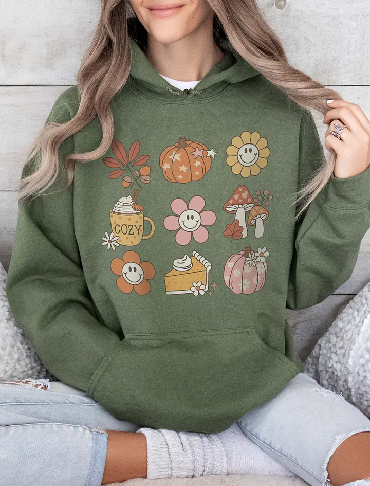 A Grid of Fall and Halloween Elements Hooded Sweatshirt | Cute Fall and Halloween Hoodie Design product image (26)