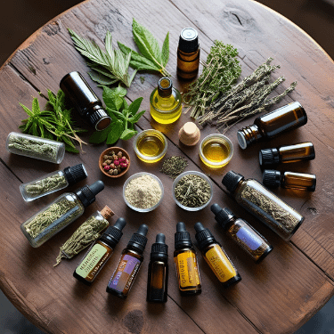 Red-haired woman gathering herbs in sunlight