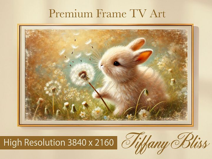 Samsung Frame TV Art, Neutral Spring Easter Bunny Dandelion Painting, Digital Download product image (1)