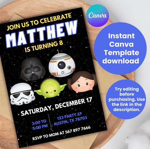 Digital Editable Text Star Wars Birthday Invitation - Canva Template - Galactic Adventure - Instant Download - Space Theme Party product image (1)