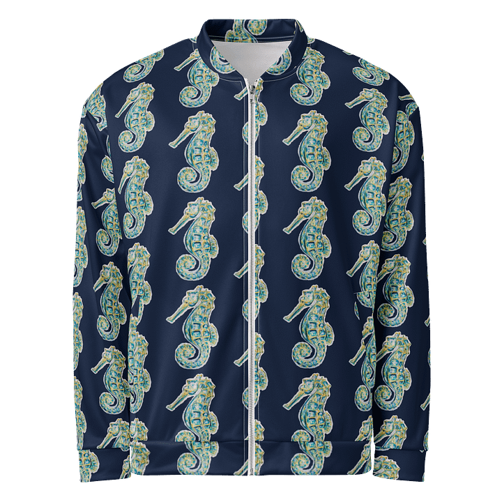 All-Over Print Bomber Jacket | Coastal Cool, City Bold | Monique Faella Designs™ Style | Deep Sky Blue Logos on Painted Seahorses Pattern product image (1)
