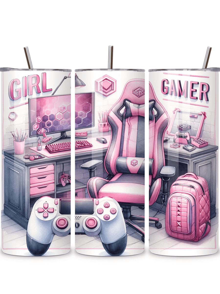 Girl Gamer 20oz Skinny Tumbler with Metal Straw – Stylish Pink Gaming Setup Design – Double-Walled Insulated Stainless Steel Tumbler for Hot & Cold Drinks, Perfect Gift for Female Gamers product image (1)