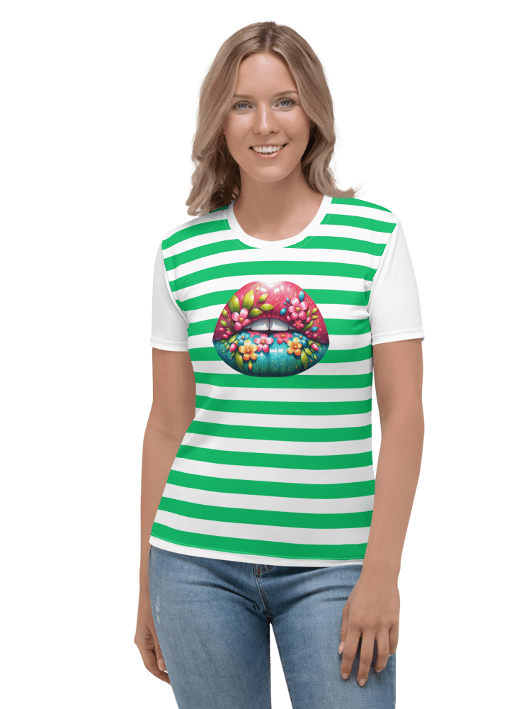 Blooming Lips Green Stripped AOP Tee product image (1)