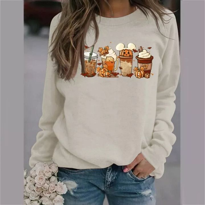 Long Sleeves Pumpkin Coffee Printed Round Neck Top for Daily Office School Girl product image (1)