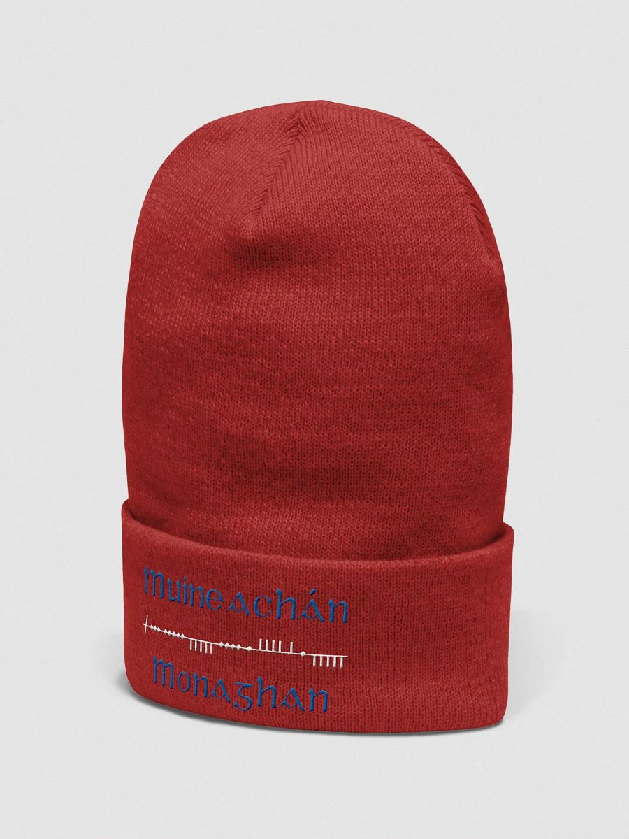Monaghan/Muineachán Scholastic style Ogham, dark grey with blue and white embroidered Cuffed Beanie product image (29)