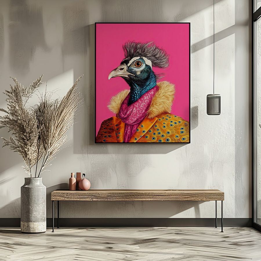 Anthropomorphic Peacock in Yellow Coat Animal Portrait product image (27)
