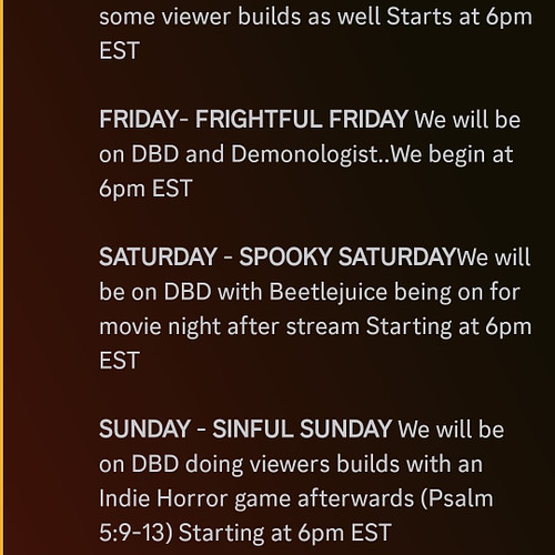 This weeks schedule for those not in the discord