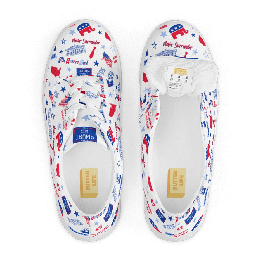 Trump 2024 Republican Patriot Make America Great Again White Pattern Low Top Canvas Shoes for women product image (7)