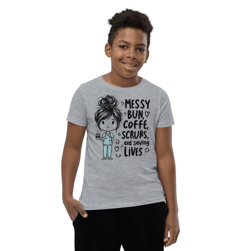 Messy Bun, Coffee, Scrubs, and Saving Lives Youth T-Shirt product image (66)