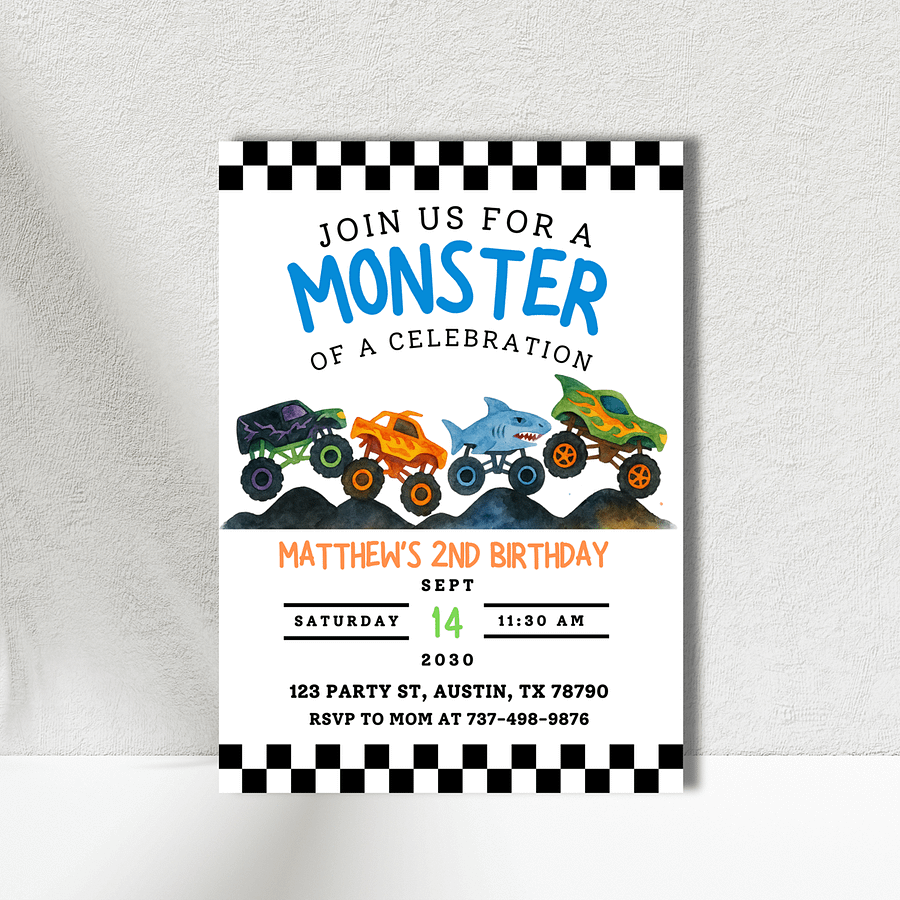 Monster Truck Birthday Invitation | Editable Canva Template | Boys 2nd Birthday Invite | Monster Jam Party | Watercolor Trucks Theme product image (5)