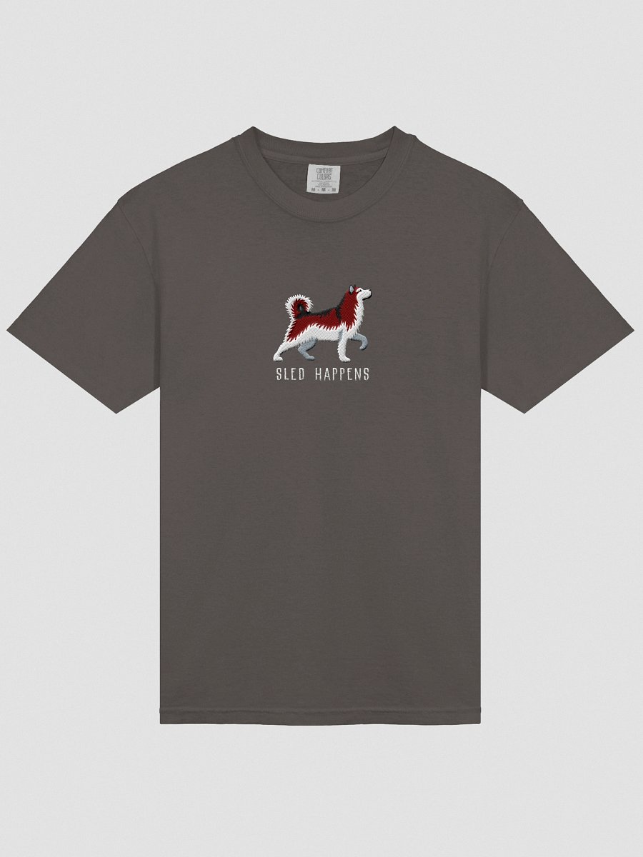 Sled Happens T-Shirt(Embroidered) of an Alaskan Malamute(Red & White) product image (18)