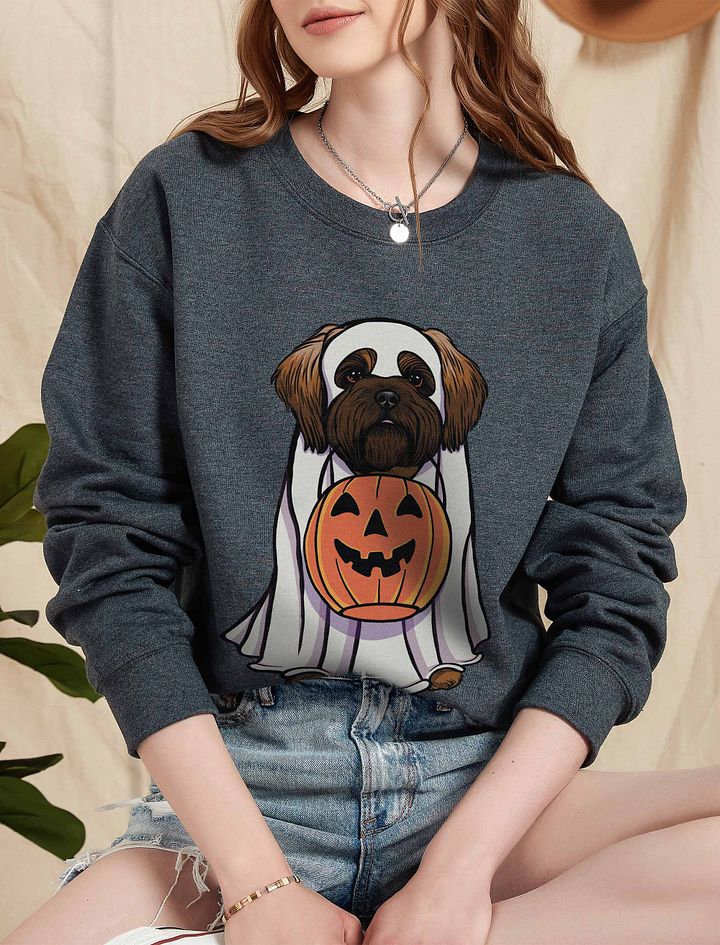 Funny Halloween Shih Tzu(Red Mask) Sweatshirt | Funny Dog Wearing a Ghost Costume and Holding a Pumpkin Basket product image (5)