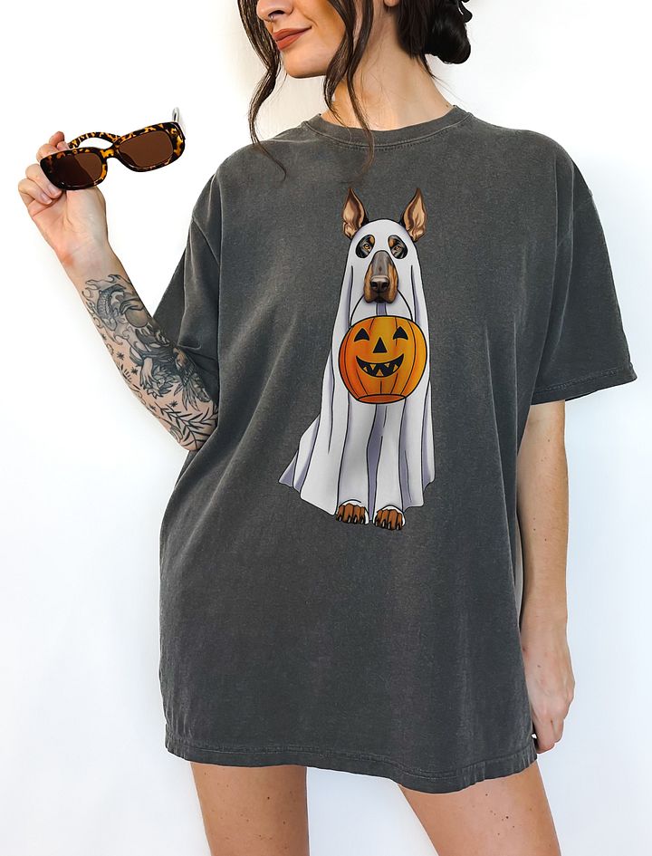 Doberman Pinscher Halloween Tee | Funny Fall Halloween Doberman Wearing a Ghost Costume with Pumpkin Basket product image (6)