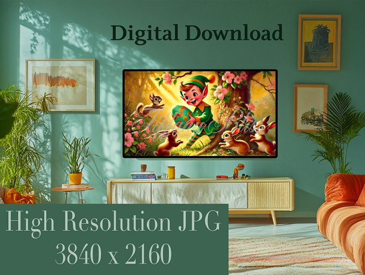 Spring Samsung Frame TV Art, Easter Elf and Bunnies Painting, Retro Art for TV product image (2)