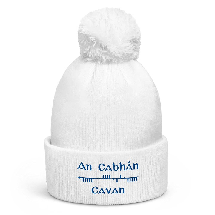 Cavan/An Cabhán Scholastic Style Ogham, white with blue, embroidered Pom-Pom Beanie product image (1)