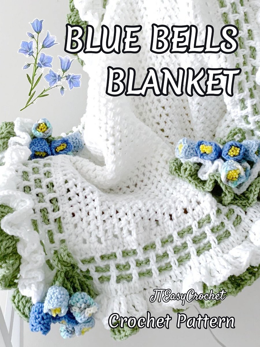 Blue Bells Flower Baby Girl Blanket Crochet Pattern, Infant Coming Home Blanket Floral Boho Throw Vintage Style product image (5)