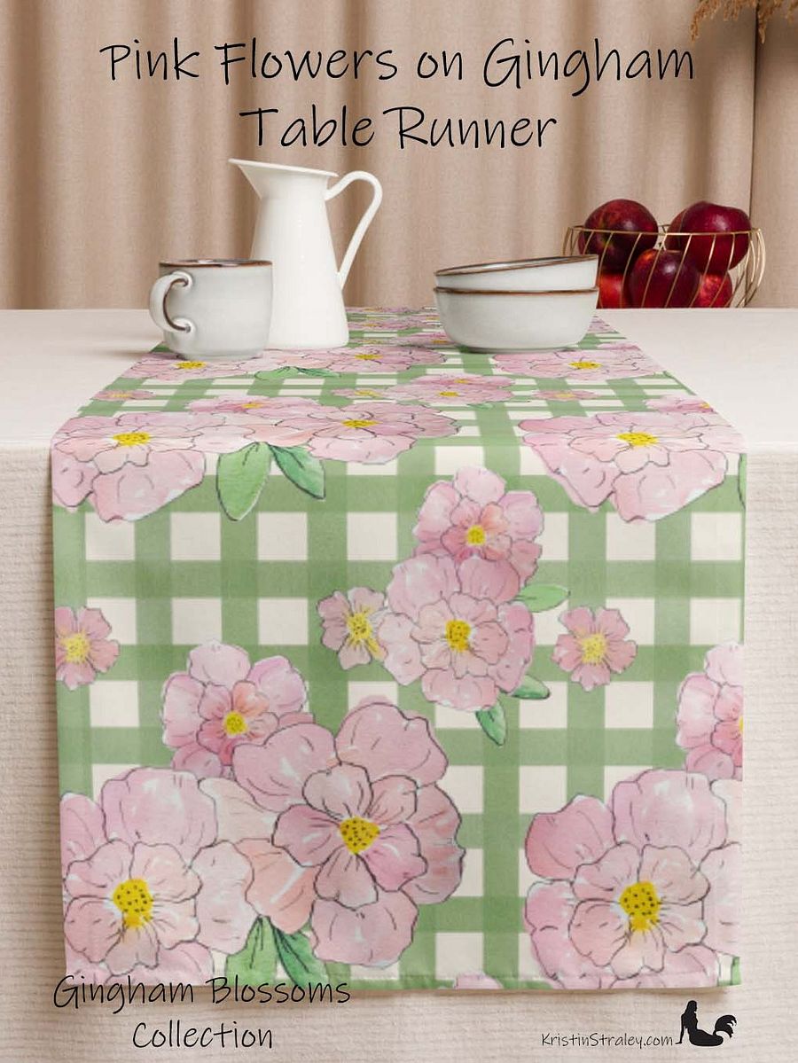 Gingham Blossoms Pink Flowers on Gingham Table Runner product image (1)