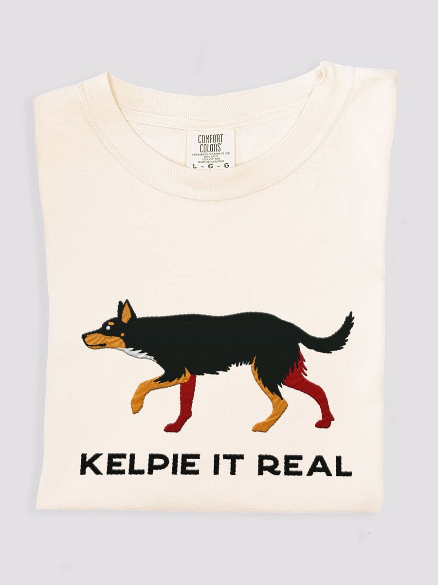Kelpie It Real T-Shirt(Embroidered) of an Australian Kelpie(Black & Tan) product image (1)