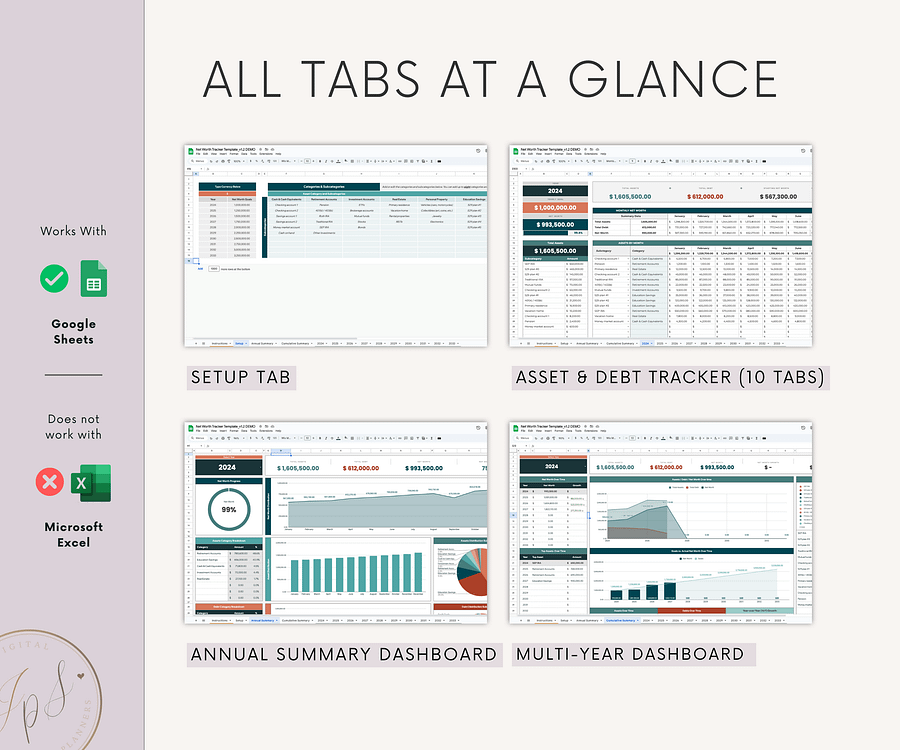 Net Worth Tracker Template, Multi-Year Dashboard Spreadsheet, Google Sheets Template, Net Worth Yearly Calculator, Investment Tracker product image (9)