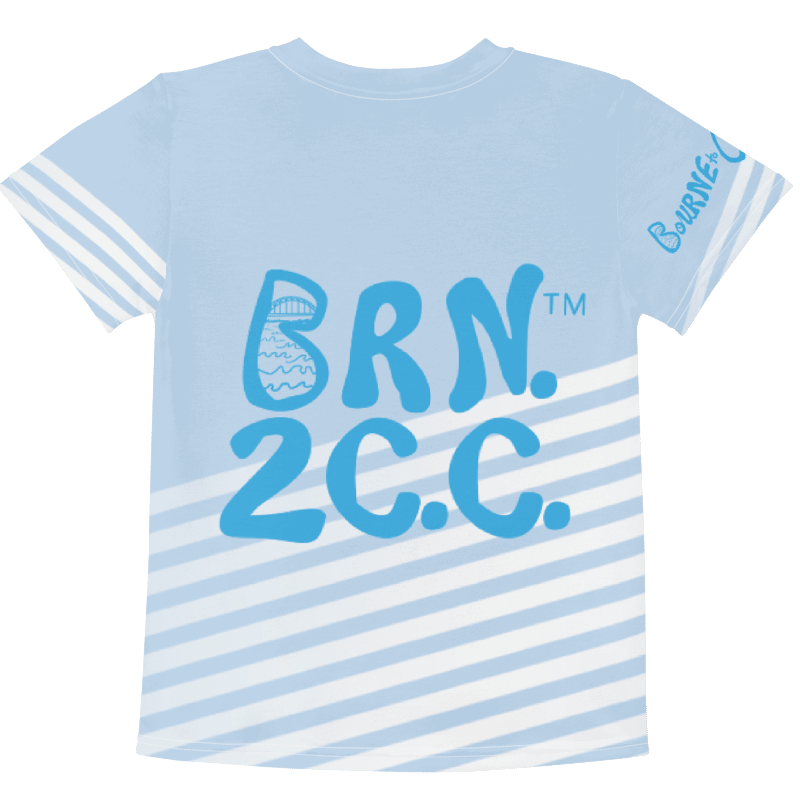 Boys' | Little Kids T-Shirt | BOURNE to Cape Cod™ | Front & Sleeve Logo | BRN.2C.C.™ Back Graphic | Vibrant Coastal Tee for Kids | Blue Logo on Skyline Stripes product image (2)