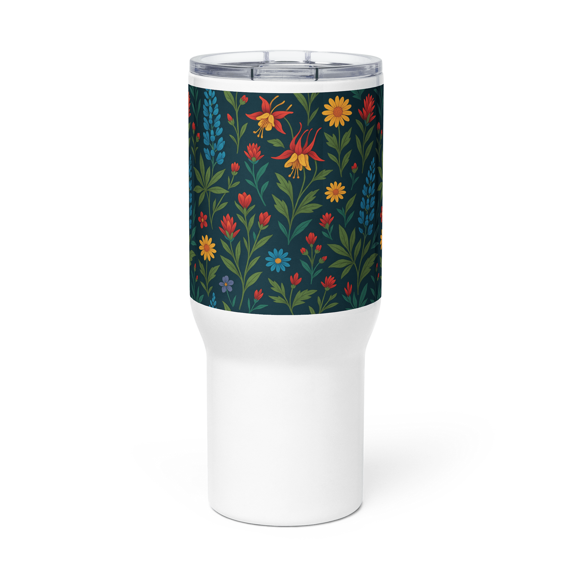 Floral Travel Mug with Handle – Dark Botanical Print with Daisies, Lilies & Wildflowers product image (2)
