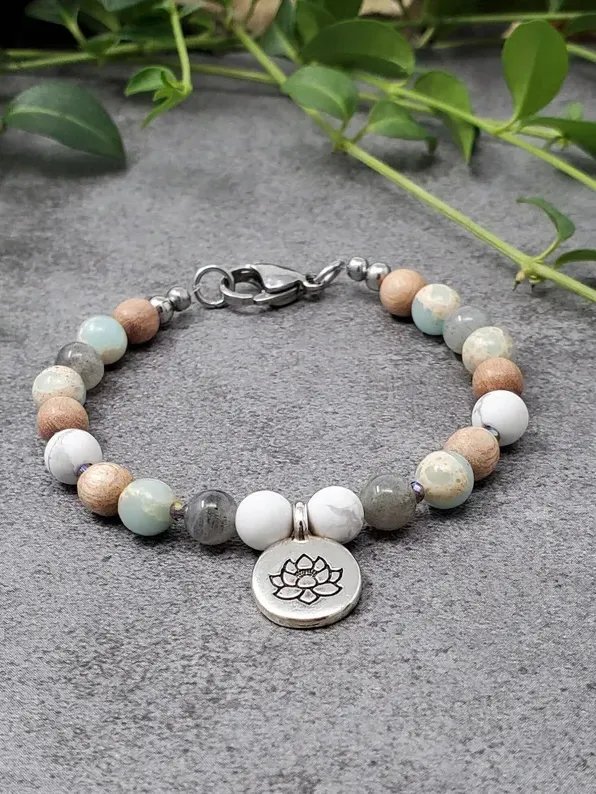Aqua Terra & Labradorite Bracelet: Rosewood Lotus Charm product image (1)
