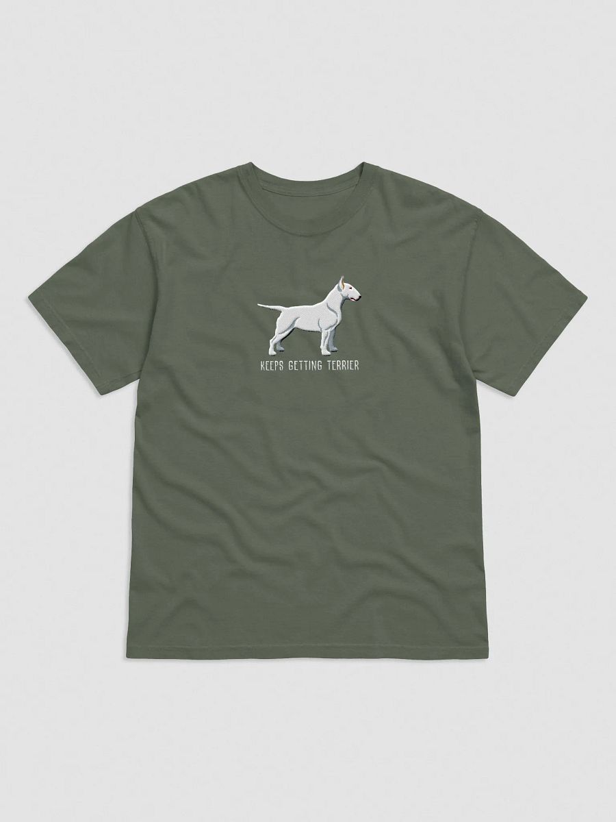 Keeps Getting Terrier T-Shirt(Embroidered) of an English Bull Terrier(White) product image (1)