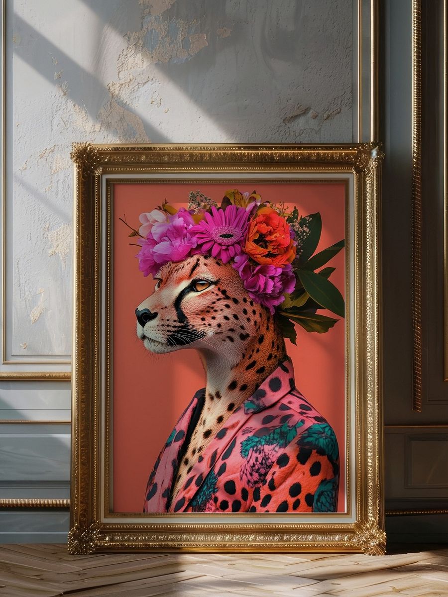 Cheetah Wearing Floral Wreath and Funky Jacket Animal Fashion Art Print product image (26)
