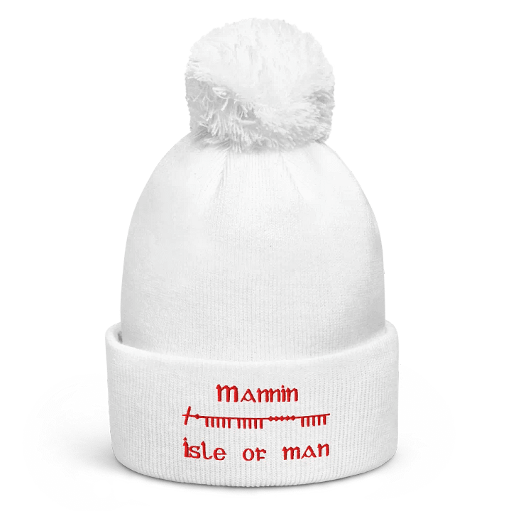 Isle of Man/Mannin Scholastic style Ogham, white with red, embroidered Pom-Pom Beanie product image (1)