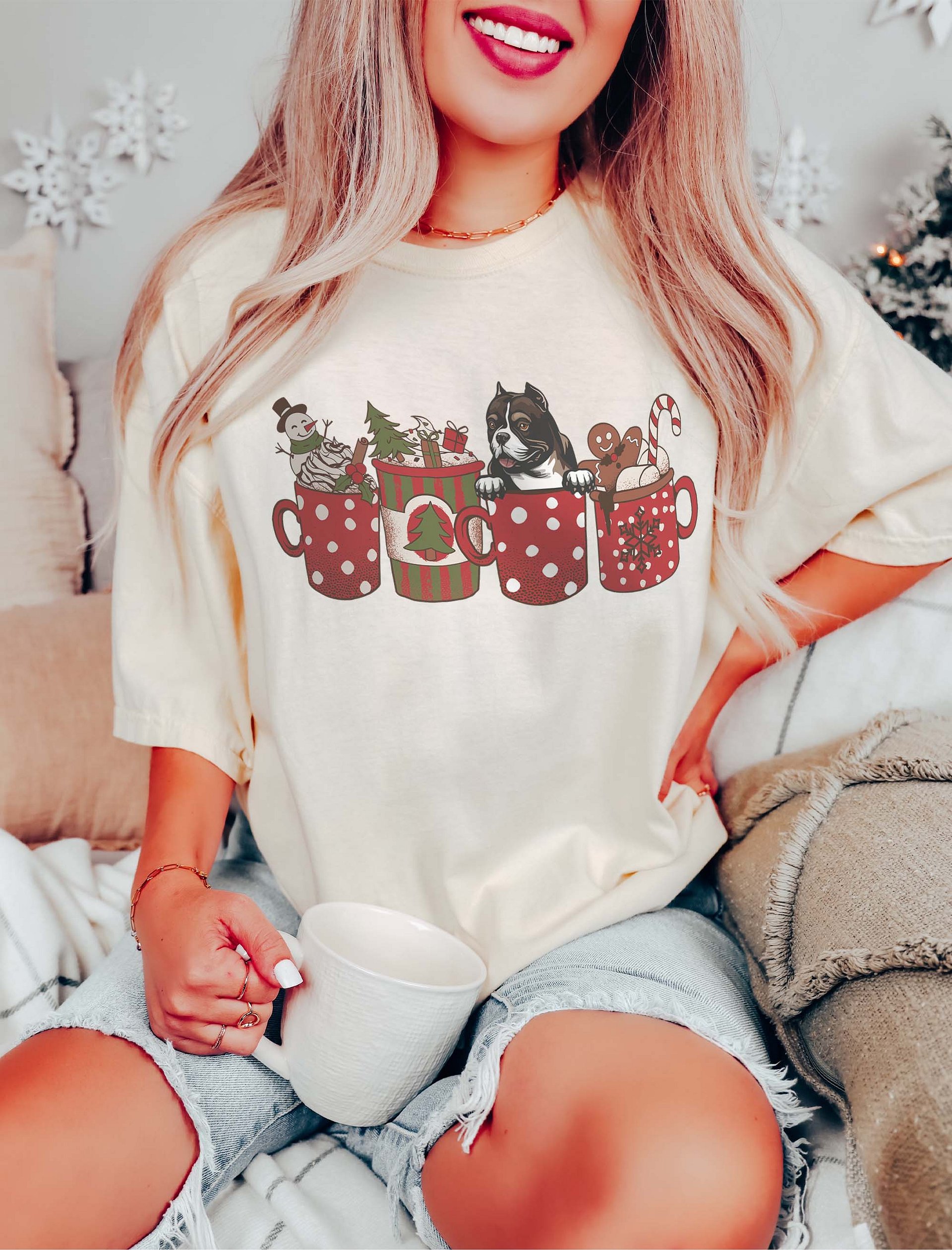 Cute American Bully in a Christmas Cup T-Shirt | Funny Christmas Pup in a Cup product image (11)