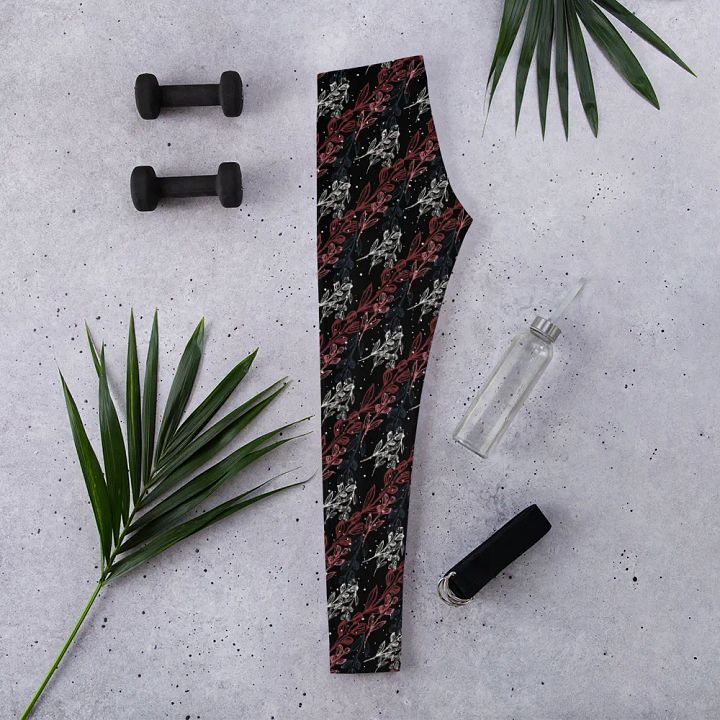 Dark Leggings in unusual diagonal red apricot design on black design with slight sparkle. Ideal for that special event or daily workouts product image (2)