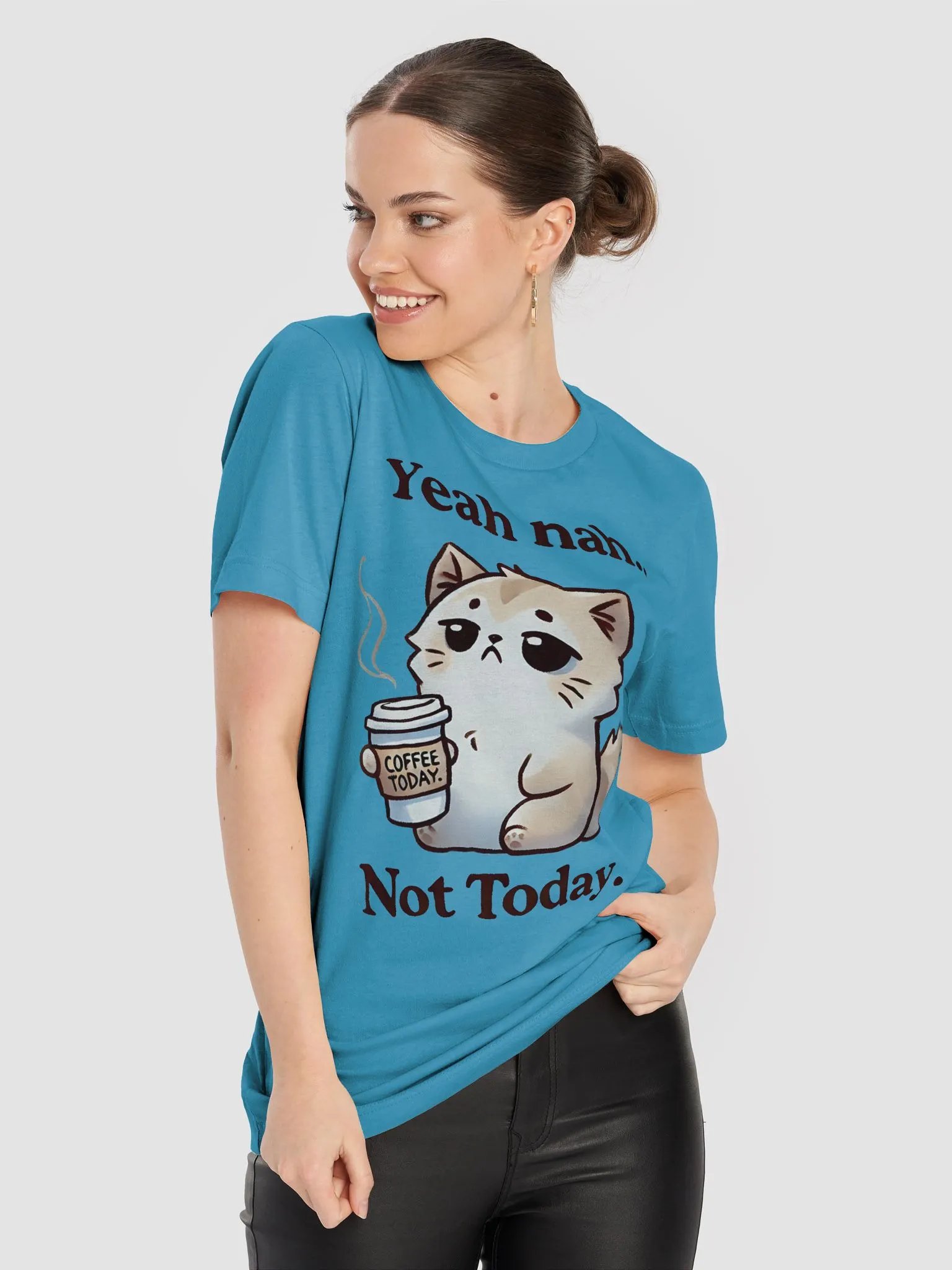 "Yeah Nah… Not Today" Lazy Cat with Coffee T-Shirt – Funny & Relatable Design product image (8)