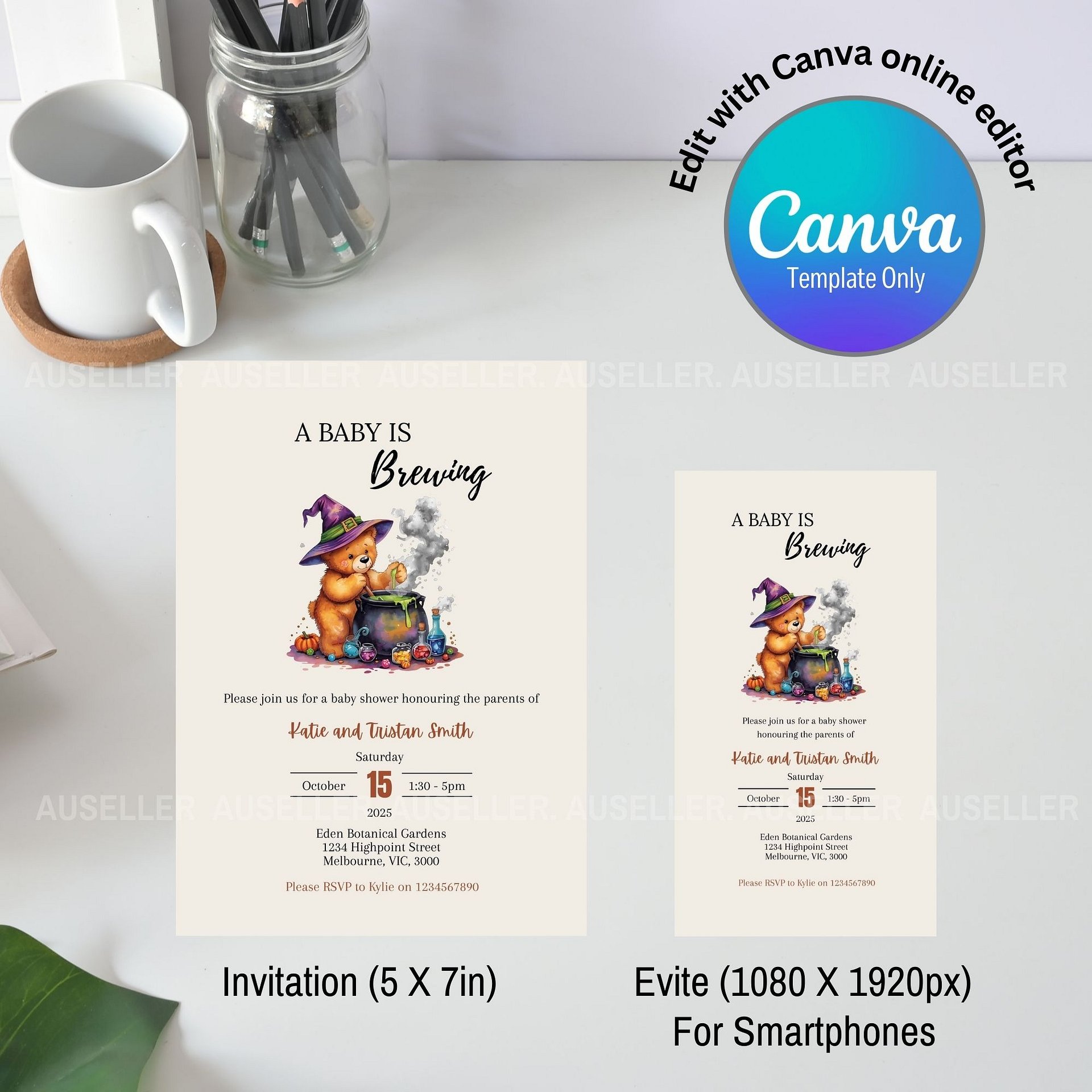 Teddy Bear & Cauldron Themed 'A Baby Is Brewing' Halloween Baby Shower Invitation product image (4)