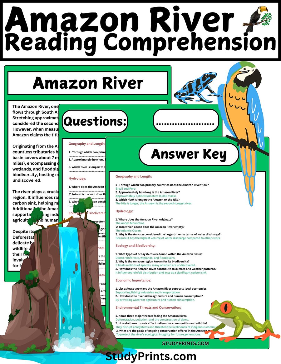 Amazon River Reading Comprehension Worksheet with Questions & Answers product image (4)