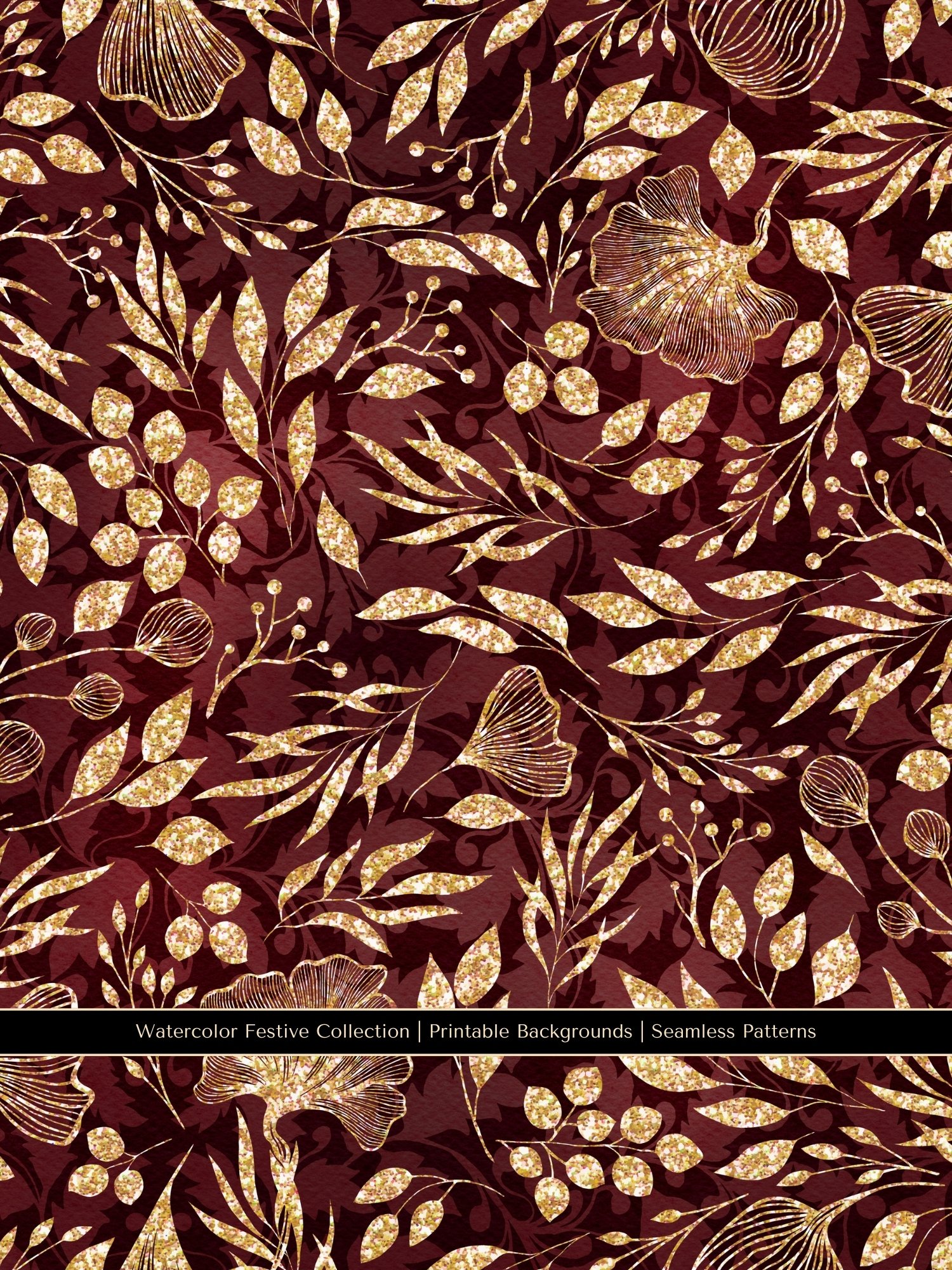 Whimsical Gothic Festive Gold Glitter Floral Seamless Patterns product image (6)