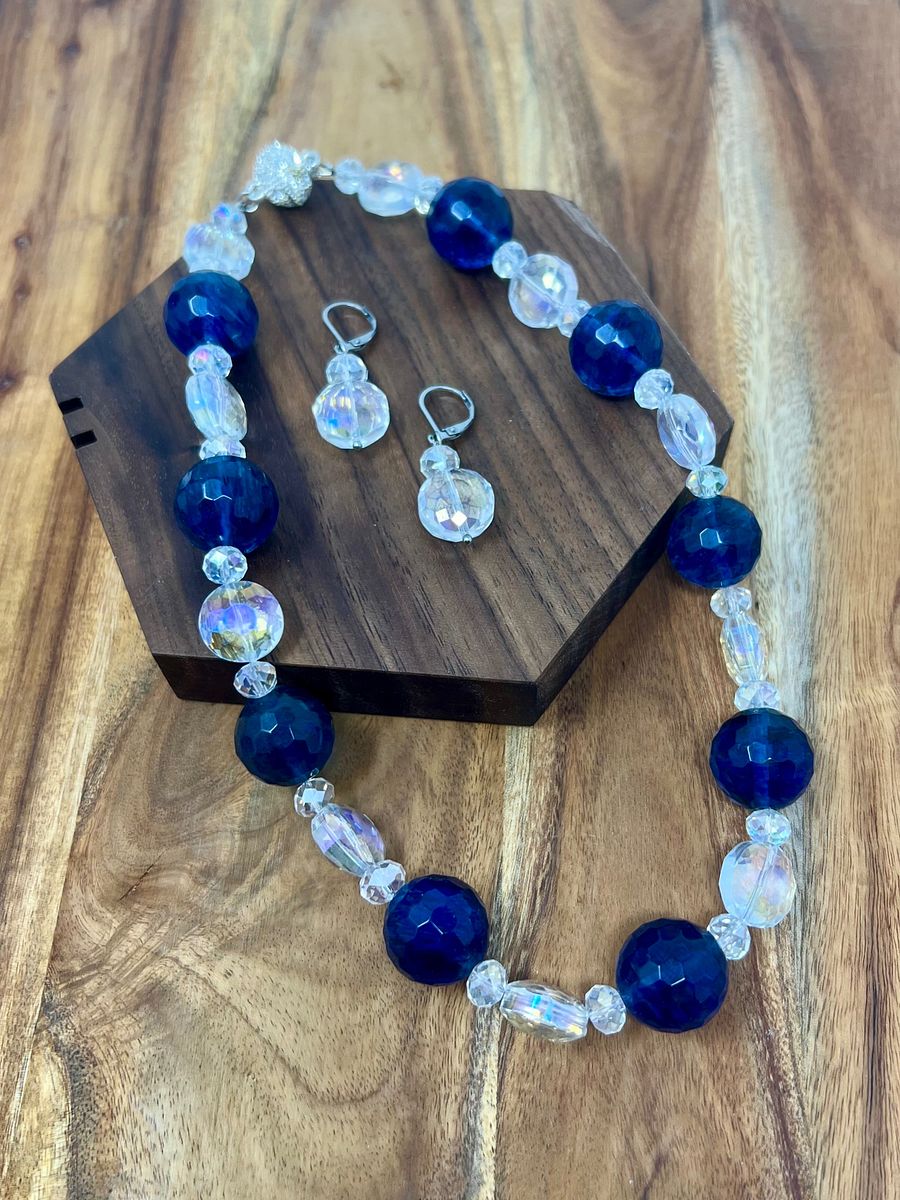 Handmade Necklace and Earring Set (Blue and AB Crystals) product image (2)