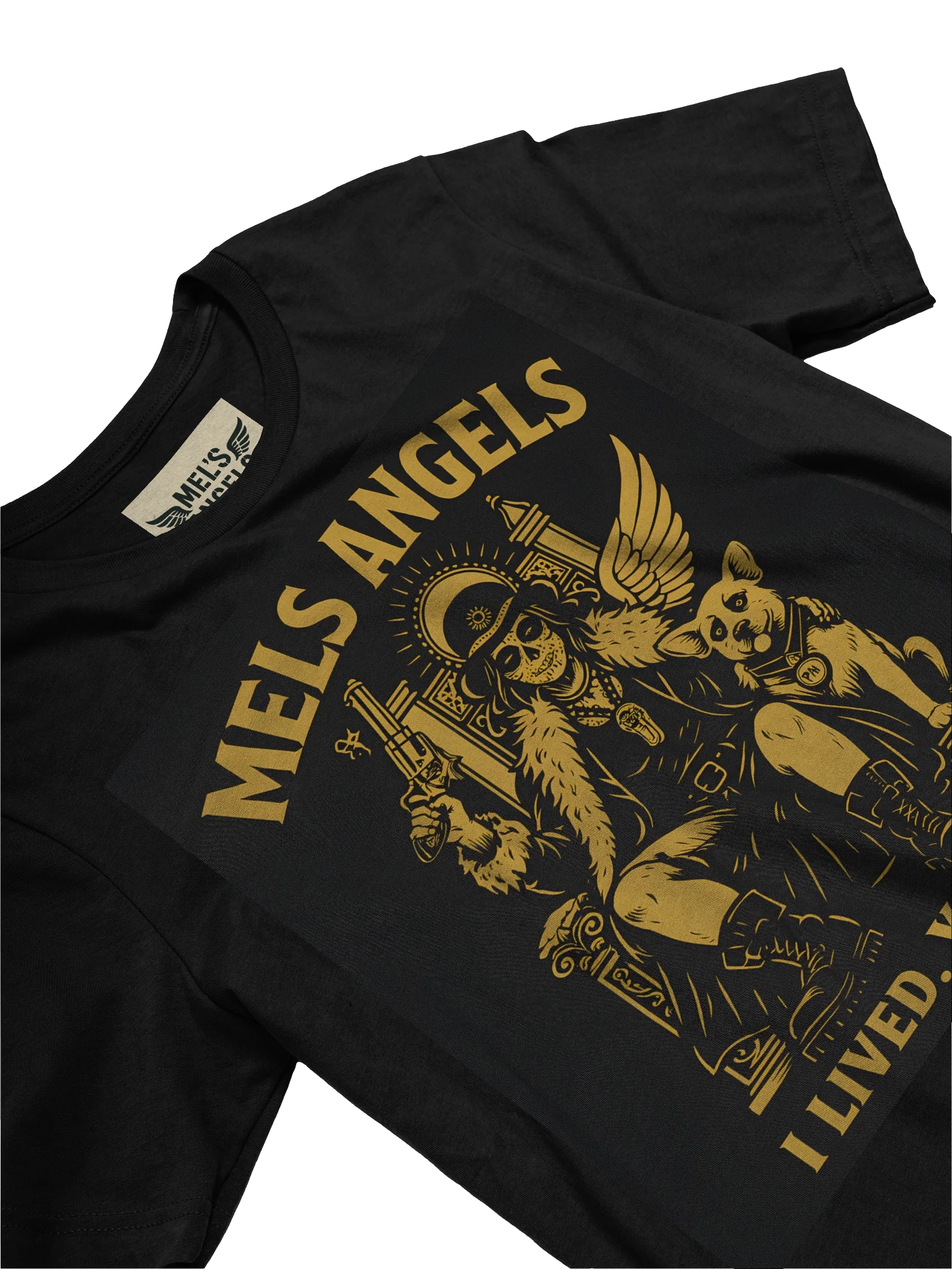 Mel’s Angels “I Lived. You Mad?” Gold T-Shirt – Bella+Canvas Unisex Graphic Tee, Rebel Dog Lover Apparel product image (2)