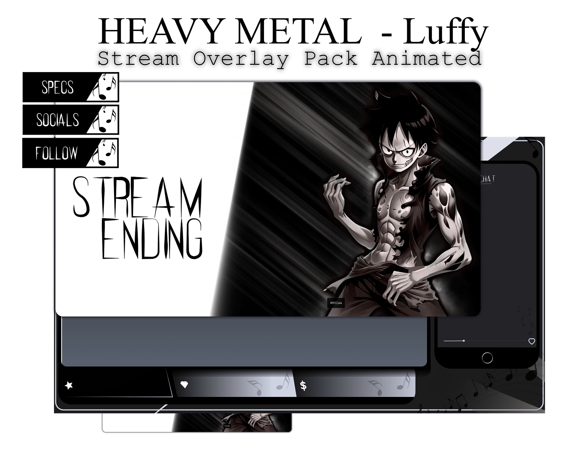 Dark Anime Stream Overlay Pack, One Piece Overlay, Heavy metal twitch overlay, Dark Anime Overlay, Black white stream overlay animated product image (1)