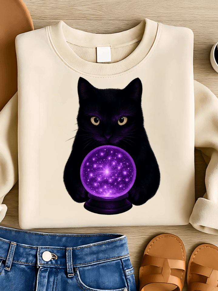Crystal Ball Black Cat Sublimation PNG – Mystic Clipart for T-Shirts – Magical Halloween Theme – 300 DPI Instant Digital Download product image (1)